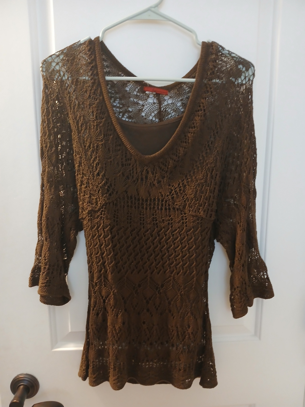 Brown Crochet Knit V-Neck Top With Built In Camisole